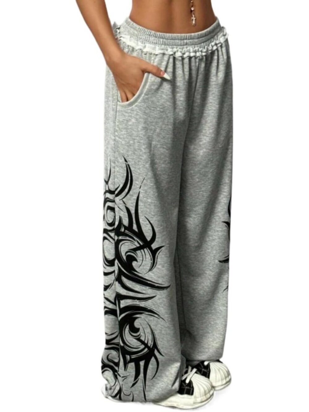 Women's Gray Denim Flame Pants Y2k Imported Low Rise Pocket Baggy Jean